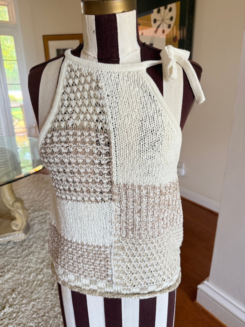 By Anthropologie Elliotte Lurex Sweater Tank Top Size Small Cream Gold Metallic